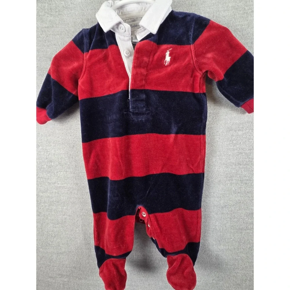 Ralph Lauren Baby Boy 3M One Piece Navy Red Velour Rugby Footed Romper Snap Pony